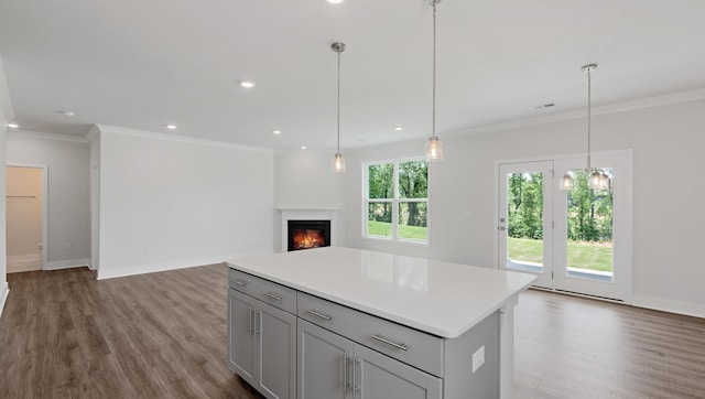 315 Fiery, Mauldin, SC 29607 - kitchen with open floor plan, wood finished floors, light countertops, a glass covered fireplace, and ornamental molding