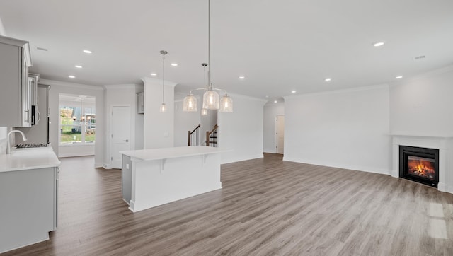 315 Fiery, Mauldin, SC 29607 - kitchen with crown molding, gray cabinets, light countertops, wood finished floors, and recessed lighting