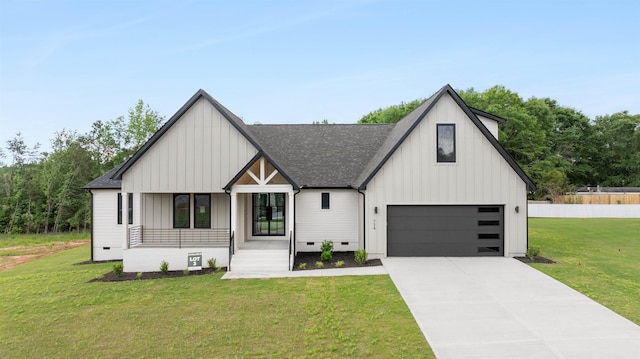 734 New S, Wellford, SC 29385 - modern farmhouse style home with crawl space, covered porch, board and batten siding, a front lawn, and driveway