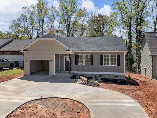 1328 Shoresbrook, Spartanburg, SC 29301 - view of front of property with driveway, a garage, crawl space, and a shingled roof
