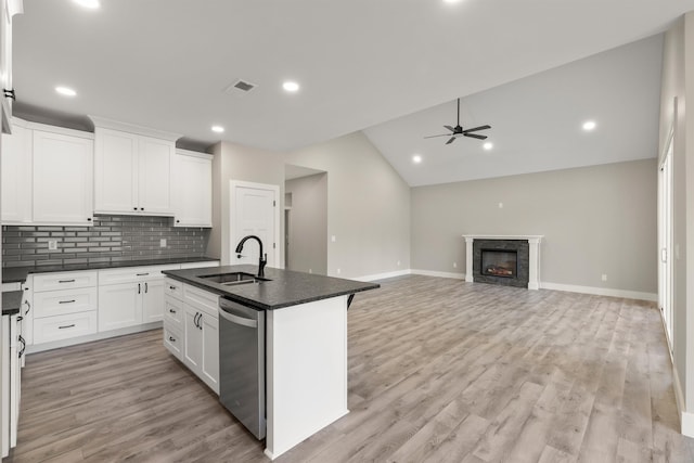 3135 E Croft, Spartanburg, SC 29302 - kitchen featuring a sink, dishwasher, dark countertops, ceiling fan, and backsplash