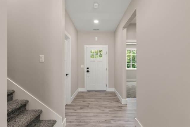 3135 E Croft, Spartanburg, SC 29302 - entryway with light wood-style floors, baseboards, and stairway