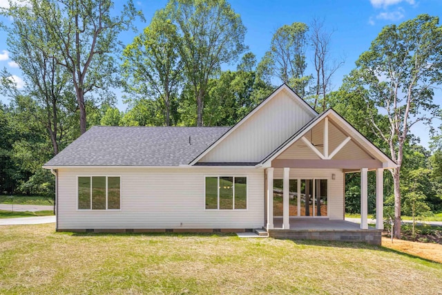 3135 E Croft, Spartanburg, SC 29302 - back of house featuring crawl space, roof with shingles, a lawn, and a patio area