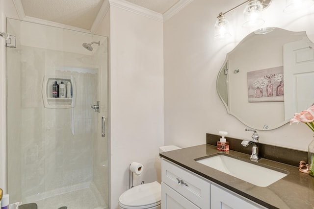 955 Baggett Rd, Enoree, SC 29335 - full bath with a shower stall, vanity, toilet, crown molding, and a textured ceiling