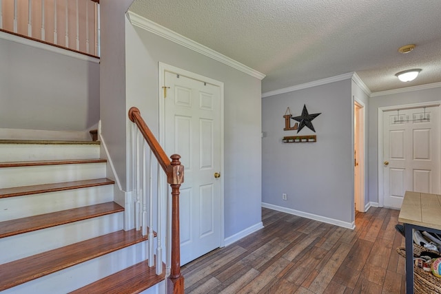 955 Baggett Rd, Enoree, SC 29335 - staircase with wood finished floors, a textured ceiling, crown molding, and baseboards