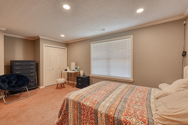 955 Baggett Rd, Enoree, SC 29335 - carpeted bedroom featuring ornamental molding, recessed lighting, a closet, and a textured ceiling