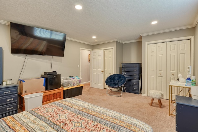 955 Baggett Rd, Enoree, SC 29335 - bedroom with carpet flooring, recessed lighting, multiple closets, a textured ceiling, and ornamental molding