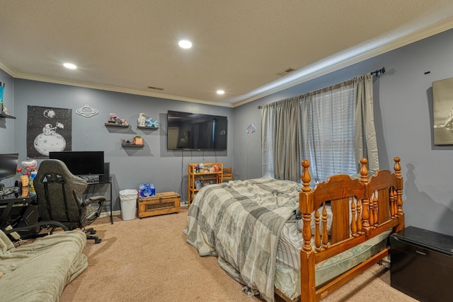955 Baggett Rd, Enoree, SC 29335 - bedroom featuring carpet flooring, crown molding, recessed lighting, a desk, and a textured ceiling