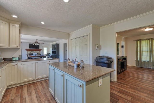 955 Baggett Rd, Enoree, SC 29335 - kitchen with a fireplace, dark wood-style floors, ornamental molding, open floor plan, and ceiling fan