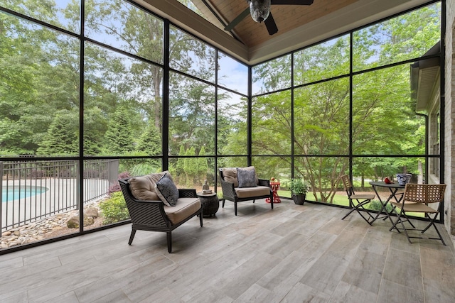 127 Turnberry, Spartanburg, SC 29306 - sunroom / solarium featuring ceiling fan, lofted ceiling, and an outdoor living space
