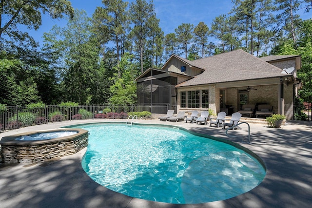 127 Turnberry, Spartanburg, SC 29306 - view of pool featuring a patio, a sunroom, a ceiling fan, and a pool with connected hot tub