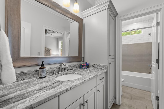 127 Turnberry, Spartanburg, SC 29306 - bathroom with vanity, toilet, a ceiling fan, tile patterned flooring, and bathtub / shower combination