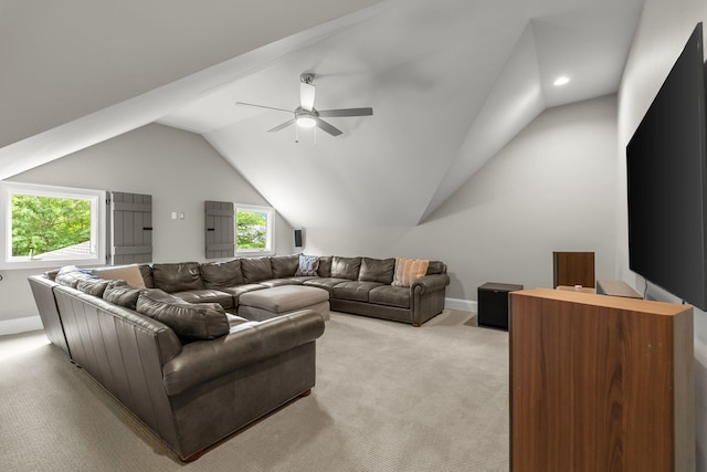 127 Turnberry, Spartanburg, SC 29306 - living area featuring light carpet, lofted ceiling, baseboards, ceiling fan, and recessed lighting