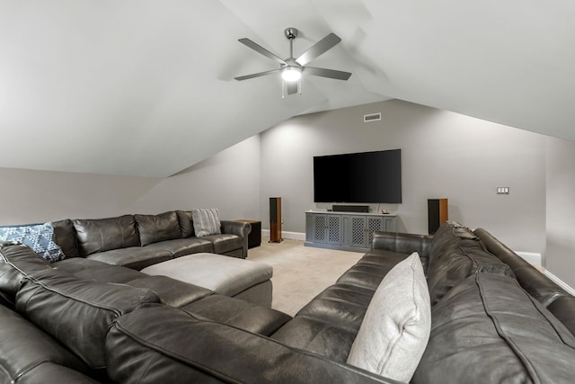 127 Turnberry, Spartanburg, SC 29306 - living room featuring a ceiling fan, light carpet, lofted ceiling, and baseboards