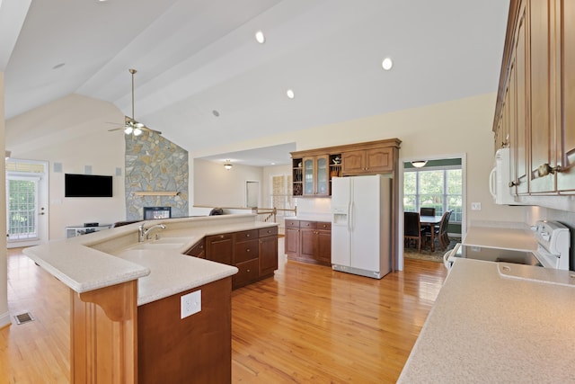 404 N Tidewater, Inman, SC 29349 - kitchen with white appliances, a sink, ceiling fan, light wood-style floors, and a large island
