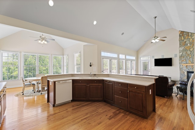 404 N Tidewater, Inman, SC 29349 - kitchen featuring white dishwasher, a ceiling fan, light countertops, open floor plan, and light wood finished floors