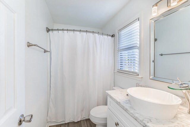 204 Thornhill, Spartanburg, SC 29301 - bathroom with vanity, toilet, curtained shower, and wood finished floors