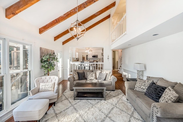 204 Thornhill, Spartanburg, SC 29301 - living area with a chandelier, wood finished floors, stairway, high vaulted ceiling, and beam ceiling