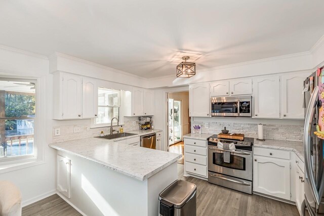 204 Thornhill, Spartanburg, SC 29301 - kitchen featuring stainless steel appliances, a sink, tasteful backsplash, white cabinets, and crown molding