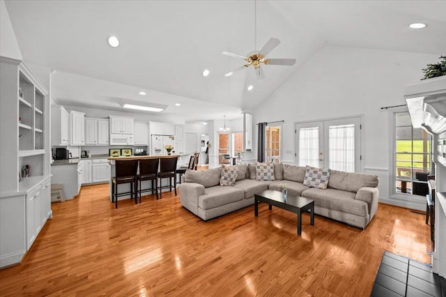 123 S Lake Emory, Inman, SC 29349 - living area with high vaulted ceiling, ceiling fan, light wood-style flooring, and recessed lighting