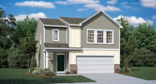 1066 Cleveland Mdws, Spartanburg, SC 29303 - view of front of home featuring a garage, concrete driveway, brick siding, board and batten siding, and a front lawn