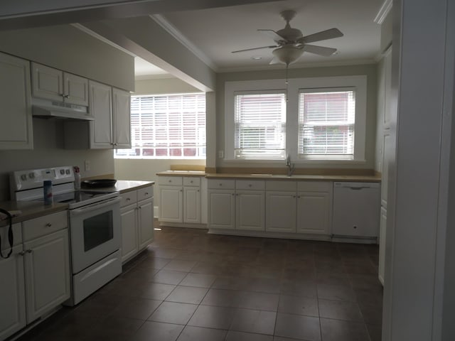 525 Glendalyn, Spartanburg, SC 29302 - kitchen with white appliances, under cabinet range hood, ornamental molding, a sink, and white cabinetry