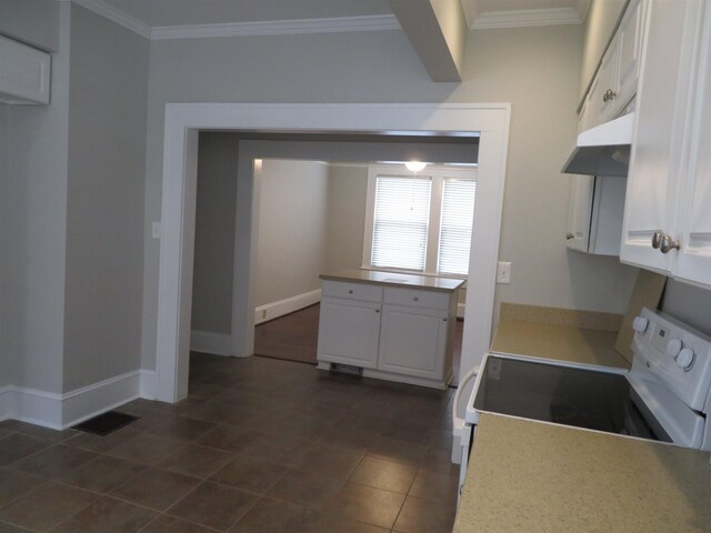 525 Glendalyn, Spartanburg, SC 29302 - kitchen with white electric stove, white cabinetry, ornamental molding, light countertops, and under cabinet range hood