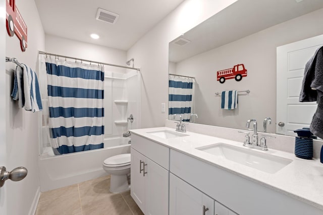 1019 Appalachian, Moore, SC 29369 - full bath featuring toilet, double vanity, shower / bath combo, tile patterned flooring, and baseboards