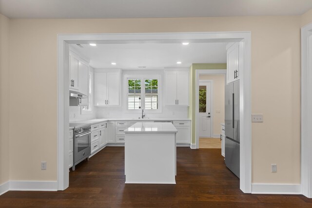 130 Market Bay, Simpsonville, SC 29681 - kitchen featuring appliances with stainless steel finishes, a sink, dark wood-style floors, white cabinets, and recessed lighting