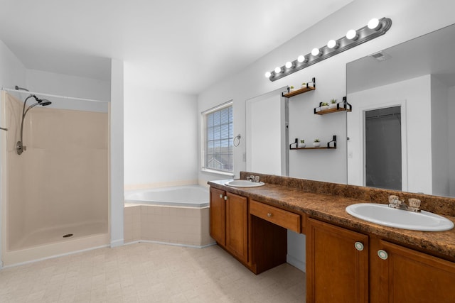 100 Maximus, Greer, SC 29651 - bathroom with a bath, double vanity, a shower, and tile patterned floors