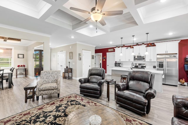 222 Blease Horton, Boiling Springs, SC 29316 - living room with coffered ceiling, ornamental molding, ceiling fan, recessed lighting, and light wood-type flooring