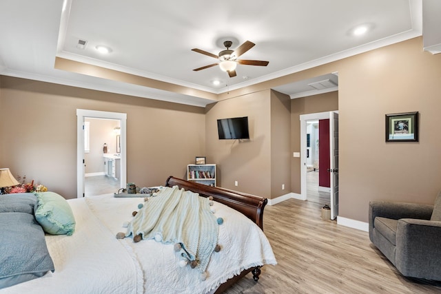 222 Blease Horton, Boiling Springs, SC 29316 - bedroom featuring ornamental molding, light wood-style flooring, baseboards, ensuite bathroom, and ceiling fan