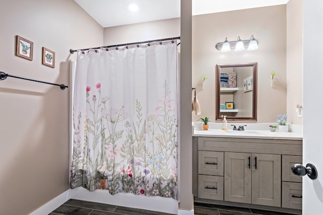 222 Blease Horton, Boiling Springs, SC 29316 - bathroom featuring vanity, curtained shower, wood finished floors, and baseboards