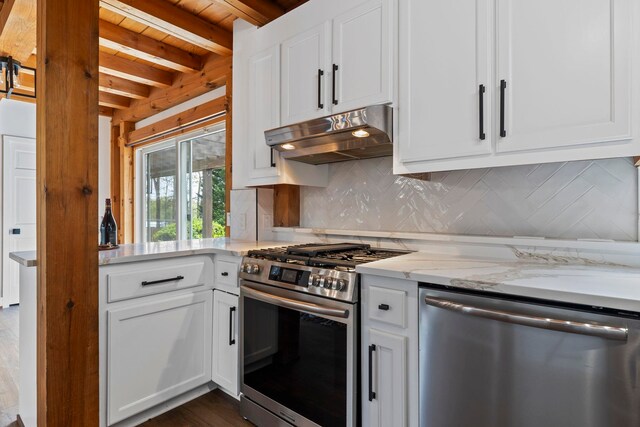 868 Old Hundred, Pelzer, SC 29669 - kitchen with appliances with stainless steel finishes, under cabinet range hood, tasteful backsplash, white cabinetry, and wood ceiling with exposed beams