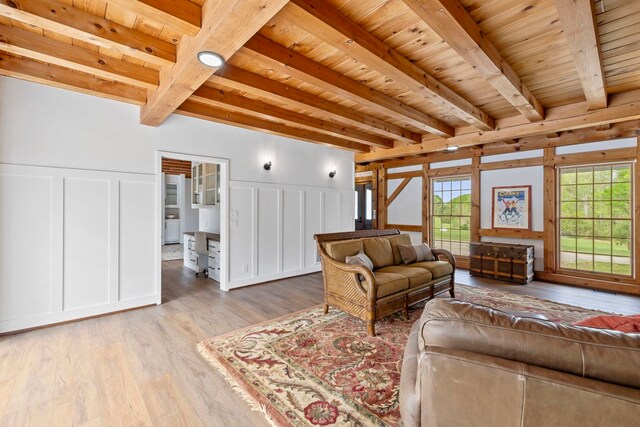 868 Old Hundred, Pelzer, SC 29669 - living area featuring a decorative wall, wood finished floors, wooden ceiling with exposed beams, and wainscoting
