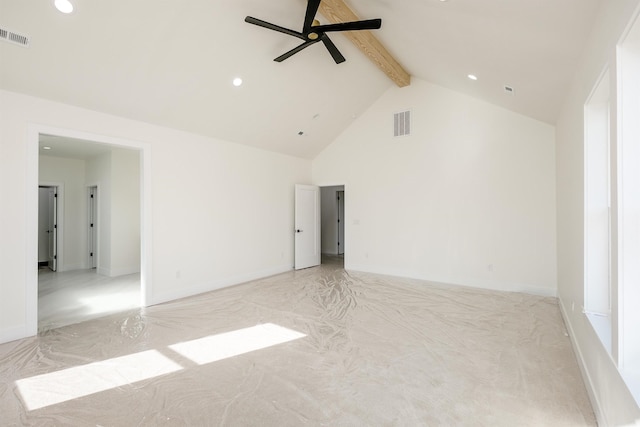 3621 Pennington, Greer, SC 29651 - spare room with beam ceiling, ceiling fan, recessed lighting, high vaulted ceiling, and baseboards
