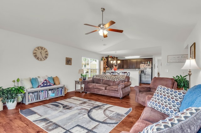 651 Willow Bank, Moore, SC 29369 - living area with a ceiling fan, vaulted ceiling, wood finished floors, and a chandelier