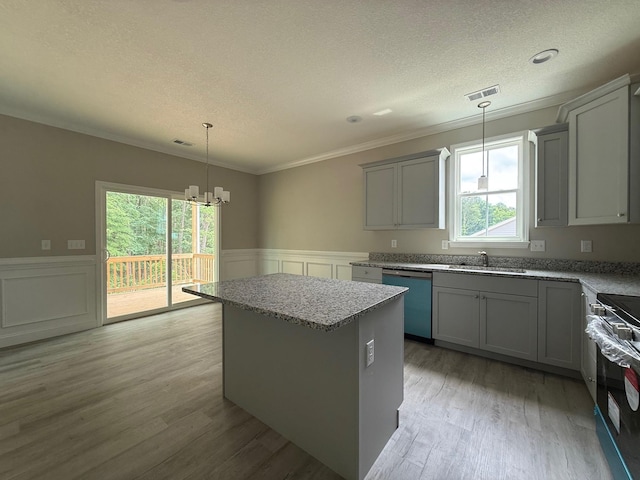 231 Patch, Spartanburg, SC 29302 - kitchen with stainless steel appliances, a textured ceiling, a chandelier, crown molding, and a sink