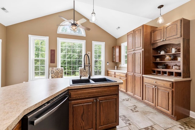 2131 Brockman Mcclimon, Greer, SC 29651 - kitchen with stainless steel dishwasher, a sink, a ceiling fan, decorative light fixtures, and healthy amount of natural light