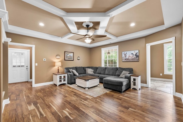 2131 Brockman Mcclimon, Greer, SC 29651 - living room featuring coffered ceiling, a ceiling fan, wood finished floors, baseboards, and recessed lighting