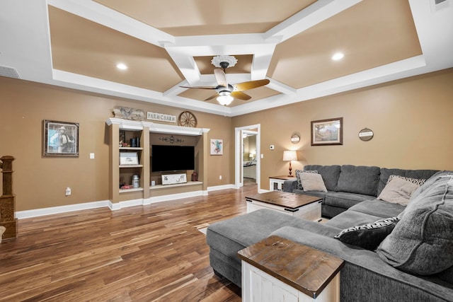 2131 Brockman Mcclimon, Greer, SC 29651 - living area featuring coffered ceiling, ceiling fan, wood finished floors, baseboards, and recessed lighting