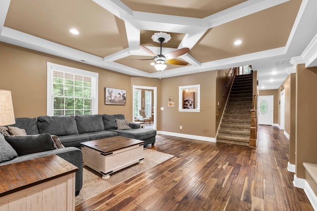 2131 Brockman Mcclimon, Greer, SC 29651 - living area featuring coffered ceiling, a ceiling fan, dark wood-type flooring, stairs, and baseboards