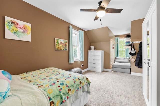 2131 Brockman Mcclimon, Greer, SC 29651 - bedroom featuring light colored carpet, baseboards, vaulted ceiling, and ceiling fan