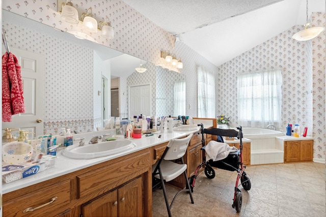 11 Midland, Taylors, SC 29687 - full bathroom with wallpapered walls, vaulted ceiling, double vanity, a bath, and a textured ceiling