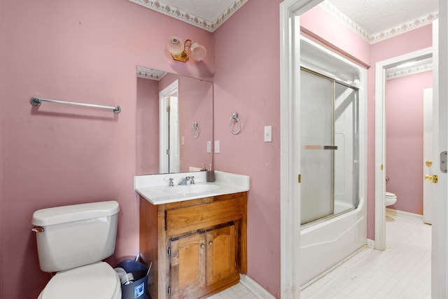 11 Midland, Taylors, SC 29687 - full bath featuring toilet, vanity, shower / bath combination with glass door, baseboards, and a textured ceiling