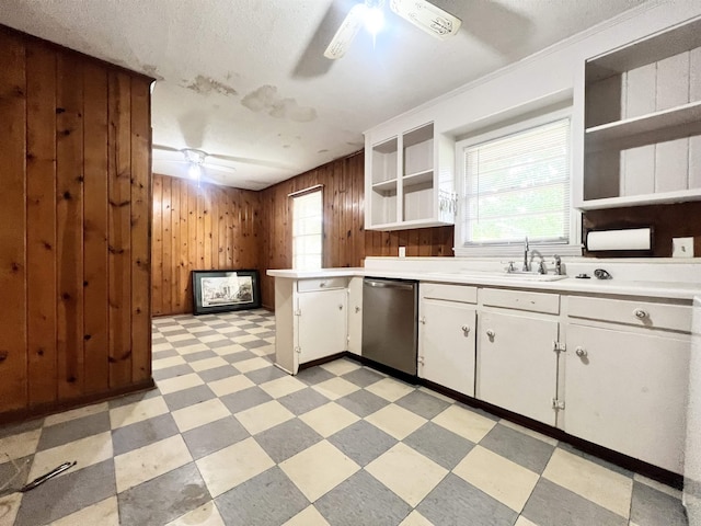 453 Lucerne, Spartanburg, SC 29302 - kitchen featuring open shelves, dishwasher, light flooring, wood walls, and light countertops