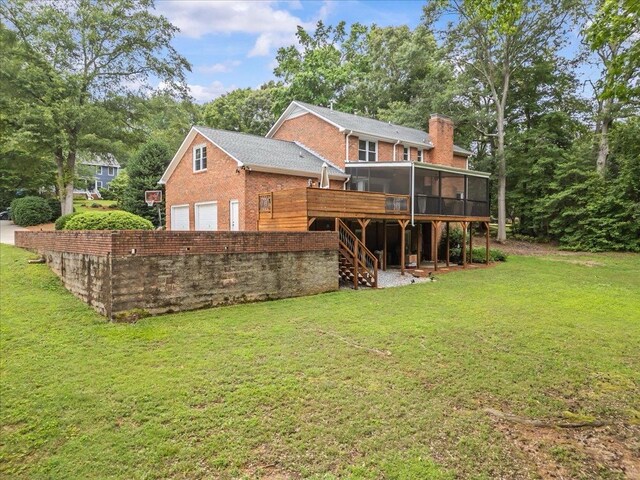 805 Laurel, Spartanburg, SC 29301 - rear view of house featuring a sunroom, brick siding, a chimney, a garage, and stairway