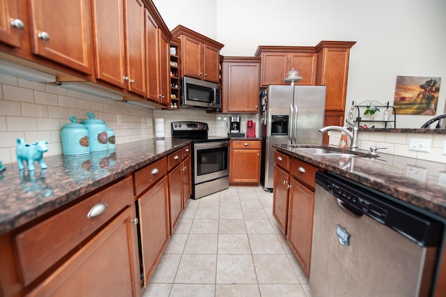 175 Castleton, Boiling Springs, SC 29316 - kitchen featuring stainless steel appliances, a sink, brown cabinetry, decorative backsplash, and dark stone counters