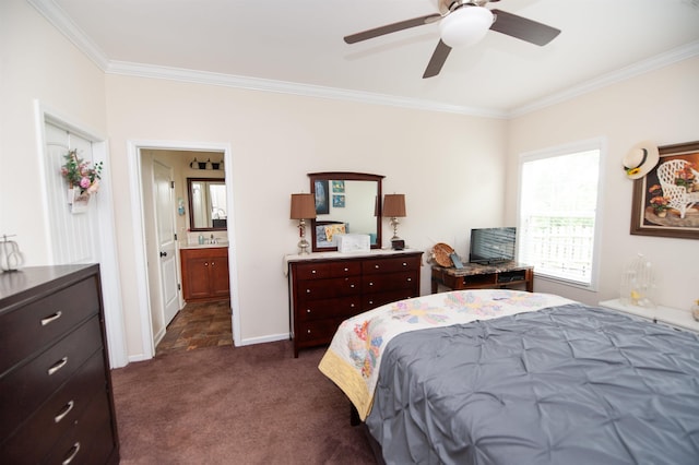 175 Castleton, Boiling Springs, SC 29316 - bedroom featuring ornamental molding, dark carpet, baseboards, a sink, and a ceiling fan