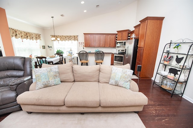 175 Castleton, Boiling Springs, SC 29316 - living room with vaulted ceiling, dark wood-type flooring, recessed lighting, and a chandelier